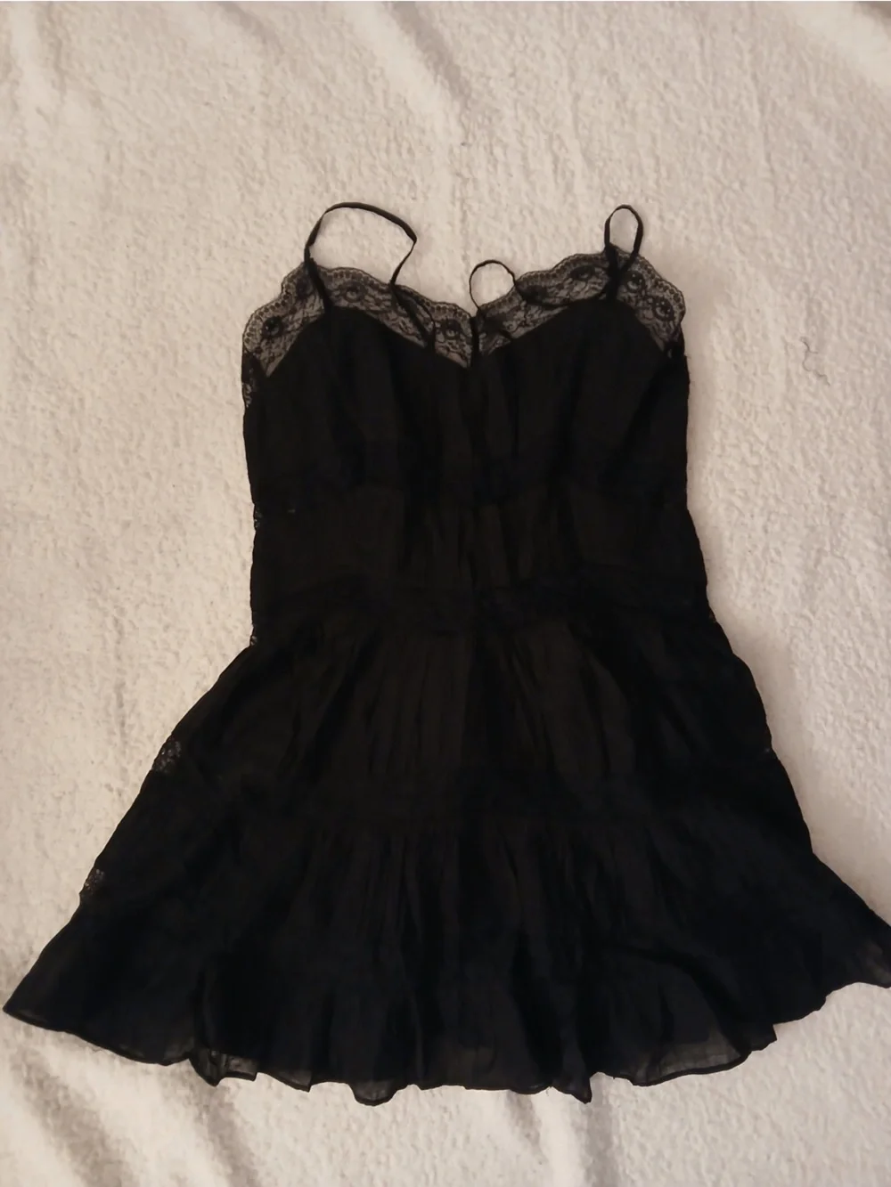 Free People Black Lace-Trim Tiered Spaghetti Strap Mini Dress